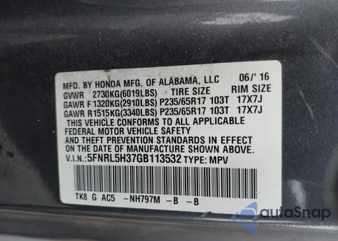 2016 Honda Odyssey Se z USA, uszkodzony, nr VIN 5FNRL5H37GB113532